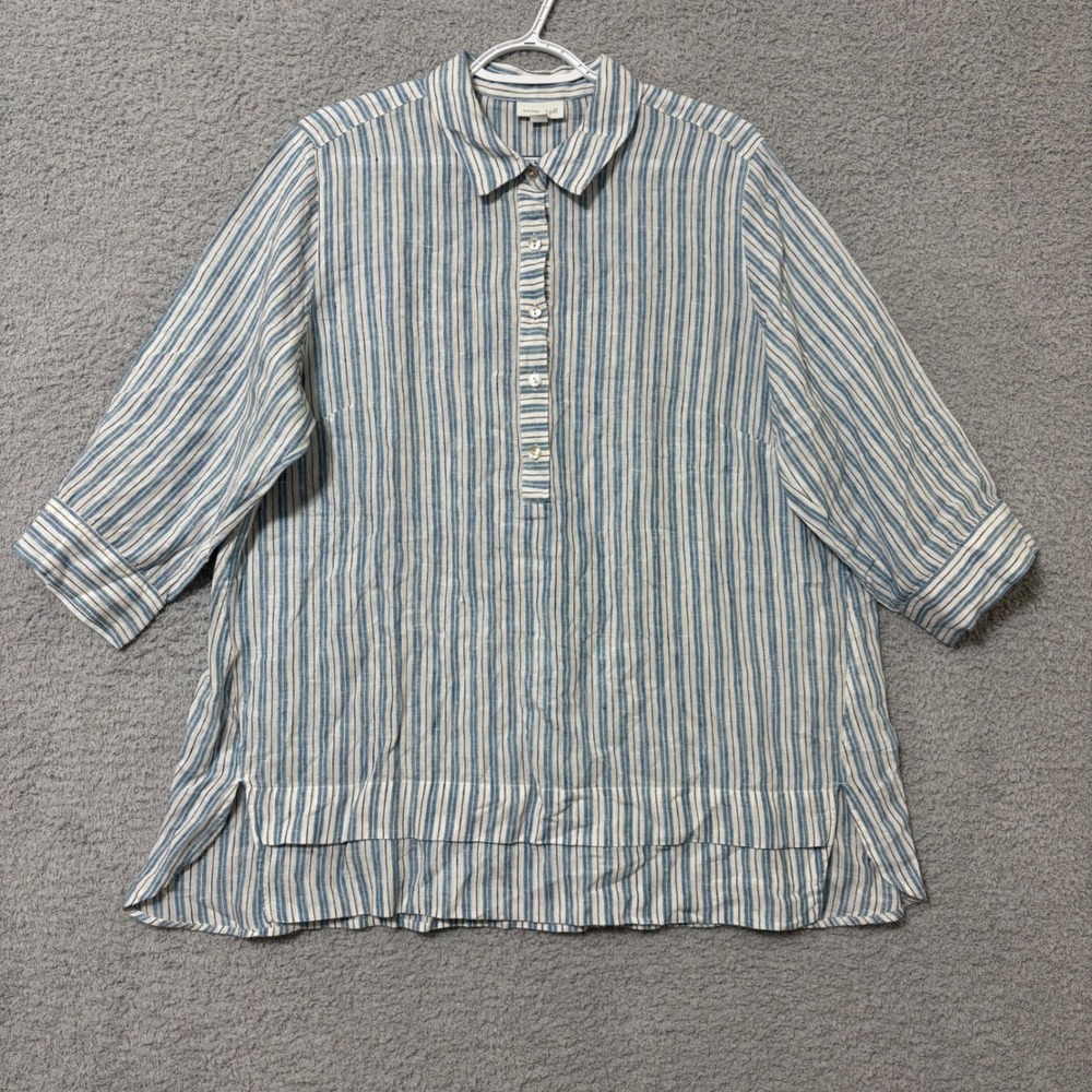 J. Jill Love Linen Striped Tunic Blouse Collared Pullover 1X Coastal Casual